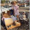 Image 1 : Mid-20th Century Doll Lot with Large Doll, Baby Doll, Wicker Pram, and Clothing Trunk