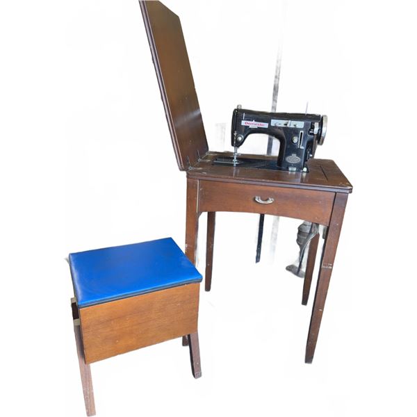 Domestic Sewing Machine with Wood Cabinet, Sewing Stool, and Notions