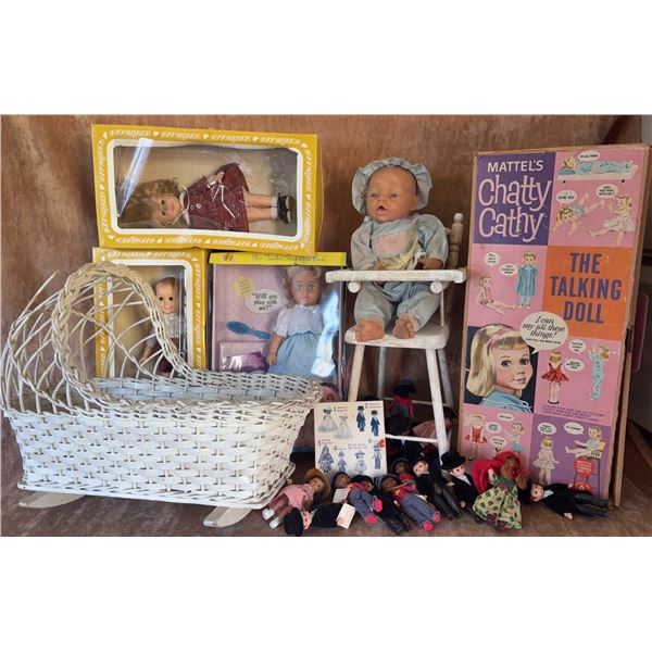 Dolls Lot w/ Mattel Chatty Cathy, Effanbee, Cradle, Mini Dolls, High Chair