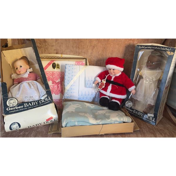 Gerber 17-Inch Baby Dolls, Santa Doll, and Baby Linens in Original Boxes