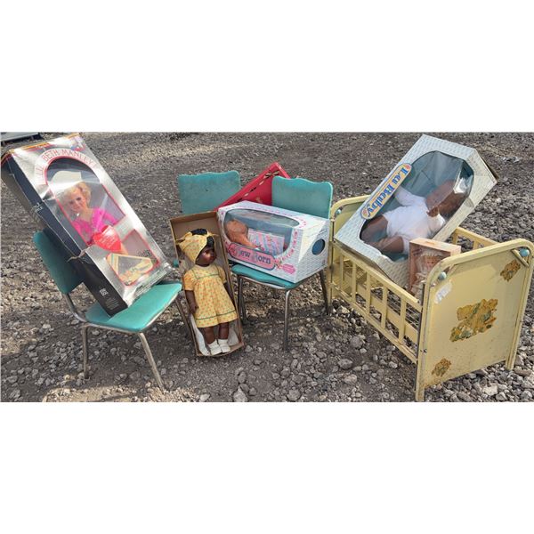Dolls With Boxes, Metal Toy Crib and Three Blue Chrome Chairs
