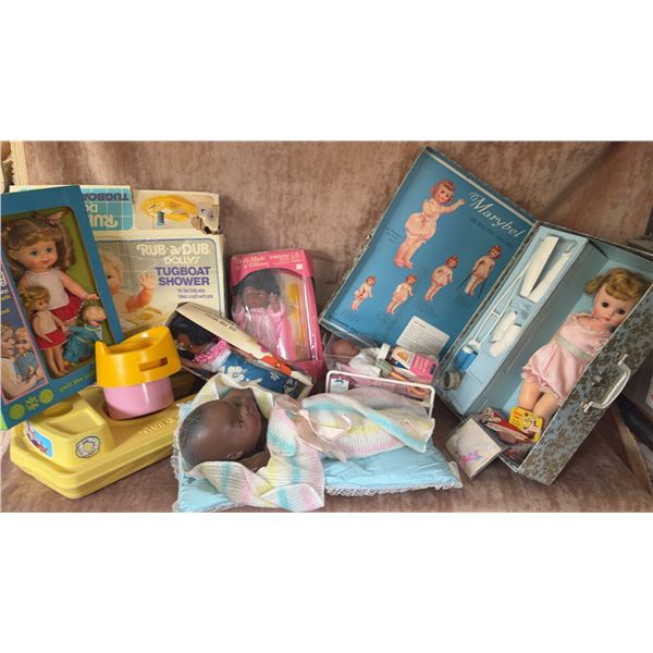 Vintage Dolls and Playsets Including Marybel, Barbie Deeries, and Bath Toys