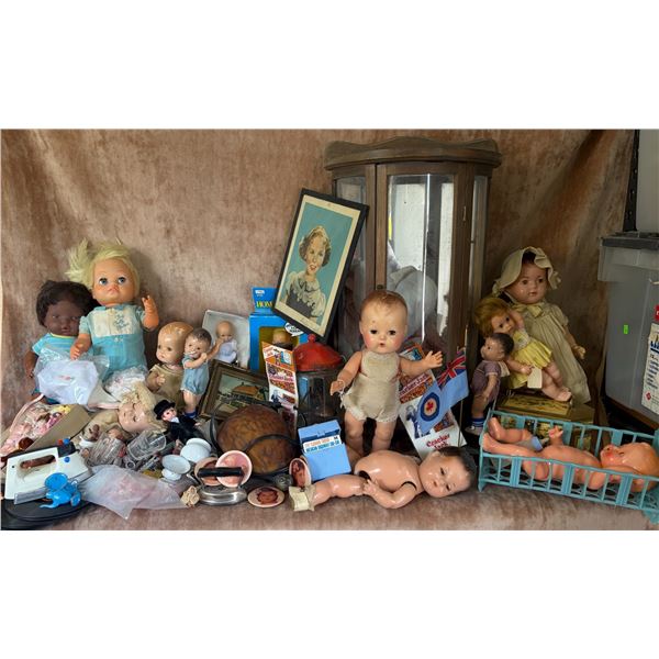 Dolls, Doll Parts, Shirley Temple Print, Doll Cabinet, and Miscellaneous Items Lot