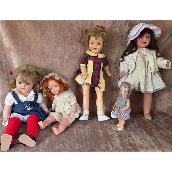 Material Dolls with Vintage Dresses, Lot of 5, Varied Sizes