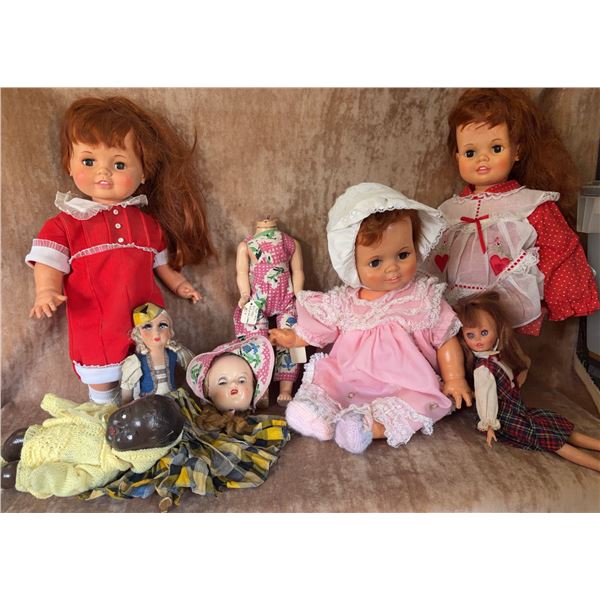 7 Dolls: Hard Plastic, Composition, Bisque, Assorted Outfits, Some Damaged