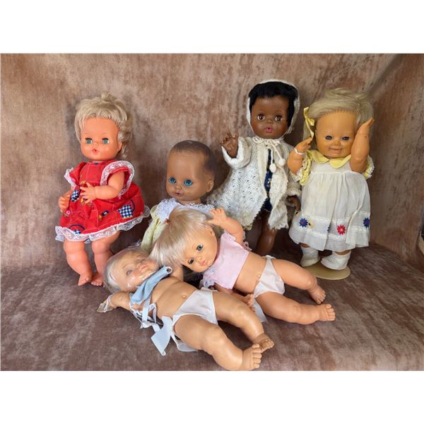 6 Vintage Baby Dolls Assorted Skin Tones and Outfits 1970s-1980s