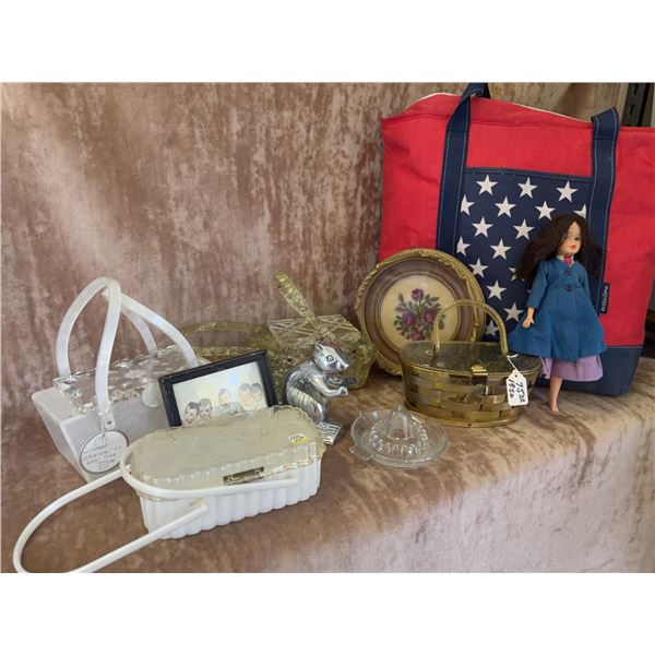 Decorative Lot: Tote, Doll, Metal Basket, Glassware, Figurine, Framed Print