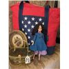 Image 2 : Decorative Lot: Tote, Doll, Metal Basket, Glassware, Figurine, Framed Print