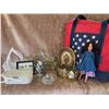 Image 7 : Decorative Lot: Tote, Doll, Metal Basket, Glassware, Figurine, Framed Print