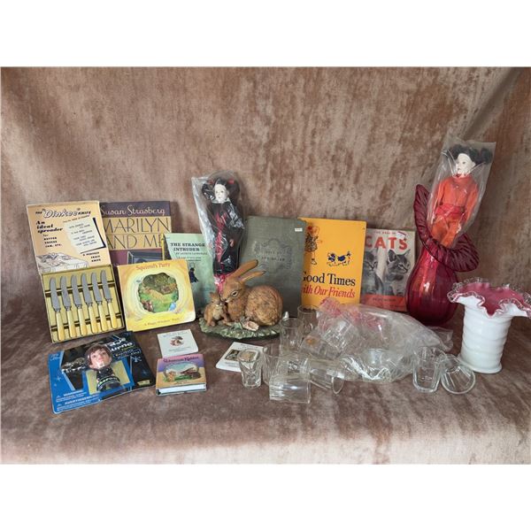 Vintage Lot: Books, Signed Knives, Art Glass Vases, Dolls, Figurines, Glassware