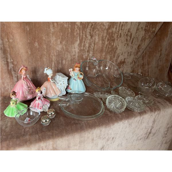 Figurine Collection and Assorted Glassware Including Apple-Shaped and Cut-Glass Pieces