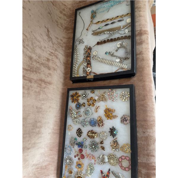 Two Display Cases of Vintage Costume Brooches and Bracelets Assorted Styles