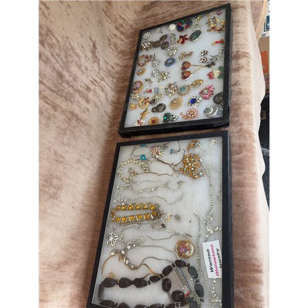 Rhinestone Brooches, Necklaces and Costume Jewelry, Two Trays
