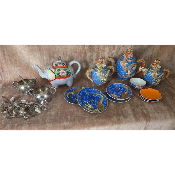 Satsuma Dragonware Tea Set, Elephant Teapot, Silverplate Creamer Sugar Spoons