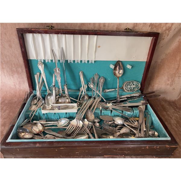 Silverplate Flatware and Serving Pieces in Fitted Wooden Case