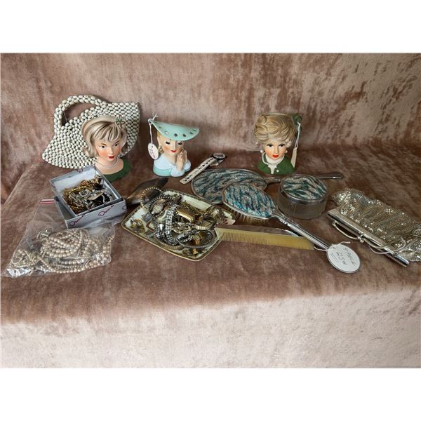 Three Lady Head Vases, Costume Jewellery, Purse, and Vanity Set Assortment