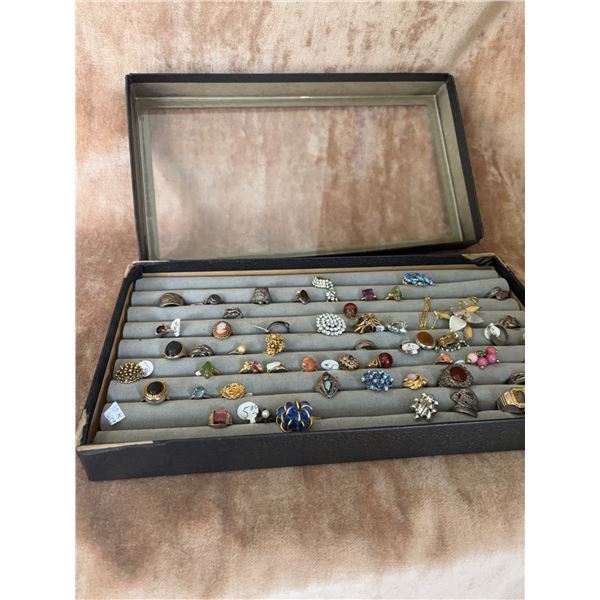34 Vintage & Costume Rings in Display Case, Assorted Stones and Styles