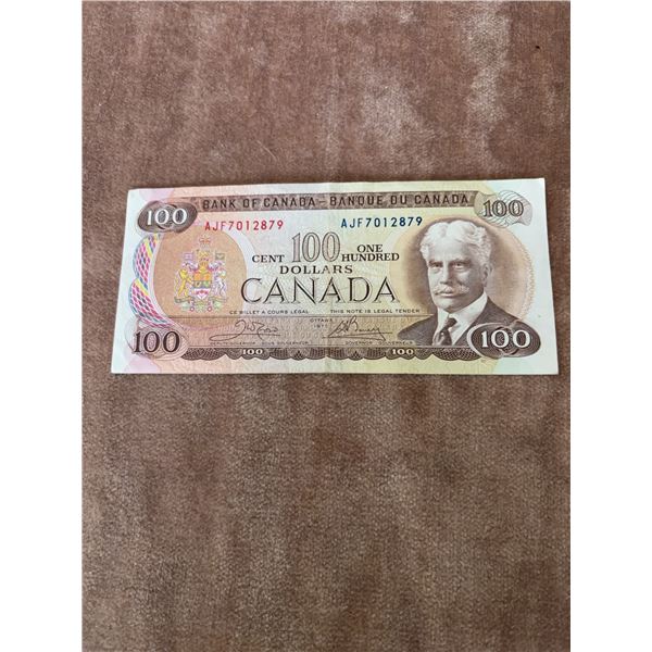 1975 Bank of Canada $100 Bill, Serial AJF7012879, Sir Robert Borden Portrait