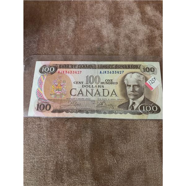 1975 Bank of Canada $100 Bill AJK3633427 Sir Robert Borden Note