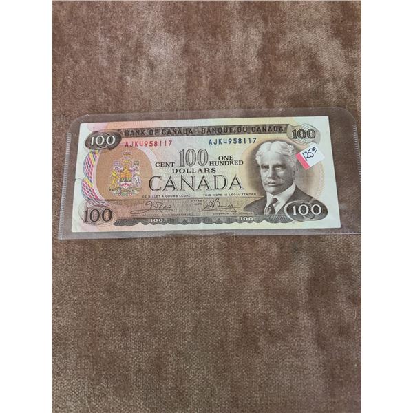 Canadian 100 Dollar Banknote AJKU958117 Sir Robert Borden, Bank of Canada