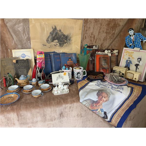 Lot: Vintage Books, Toy Tea Sets, Miniature Furniture, Queen Mother Textile, Collectibles