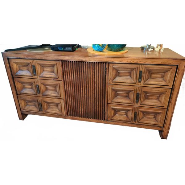Walnut Wood Sideboard Buffet With Six Drawers And Central Cabinet Doors