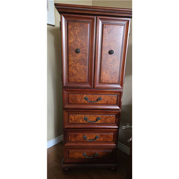 Tall Wooden Cabinet With Burl Front, Four Drawers, Double Doors, And Upper Shelf