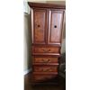 Image 1 : Tall Wooden Cabinet With Burl Front, Four Drawers, Double Doors, And Upper Shelf