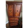 Image 2 : Tall Wooden Cabinet With Burl Front, Four Drawers, Double Doors, And Upper Shelf