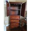 Image 3 : Tall Wooden Cabinet With Burl Front, Four Drawers, Double Doors, And Upper Shelf