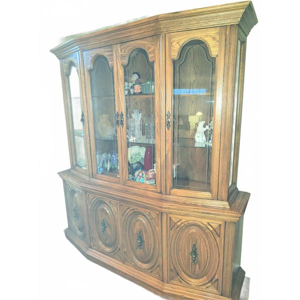 Large Oak China Cabinet With Glass Doors and Shelves, Lower Storage Compartments