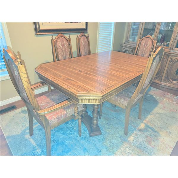 Oak Dining Table With 5 Upholstered High-Back Chairs, Two Armchairs Included