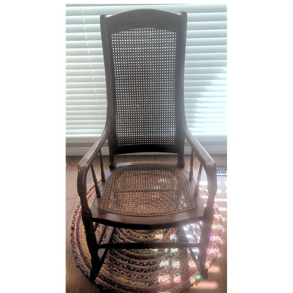 Wooden Rocking Chair with Caned Back and Seat
