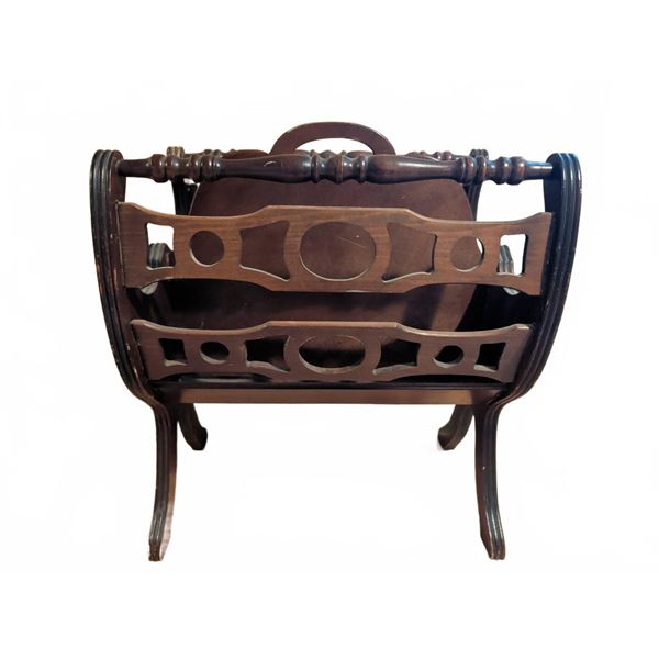 Wooden Magazine Rack with Decorative Side Panels and Turned Handle