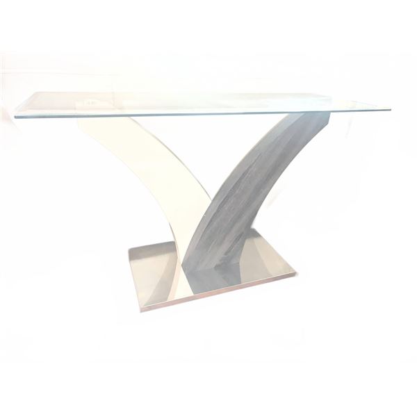 Glass Top Console Table with Curved Wood and Metal Base