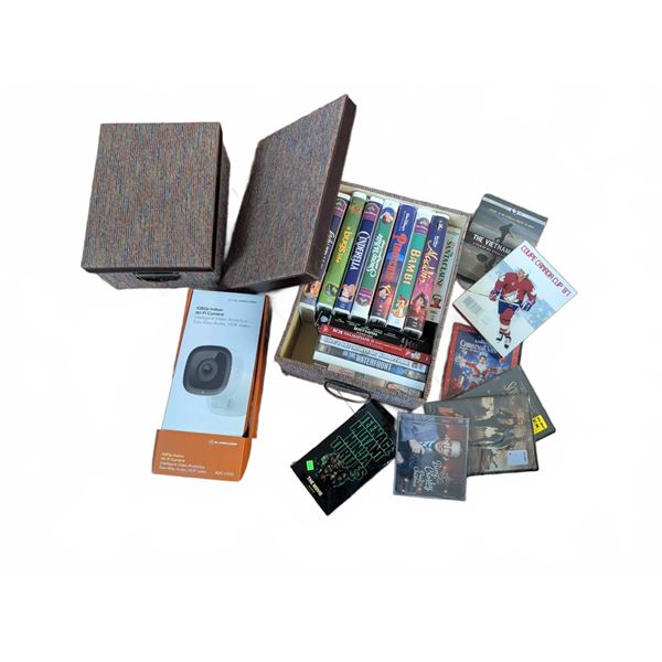 Mixed Media Collection - VHS Tapes, DVDs, Smart Camera, Storage Baskets Lot