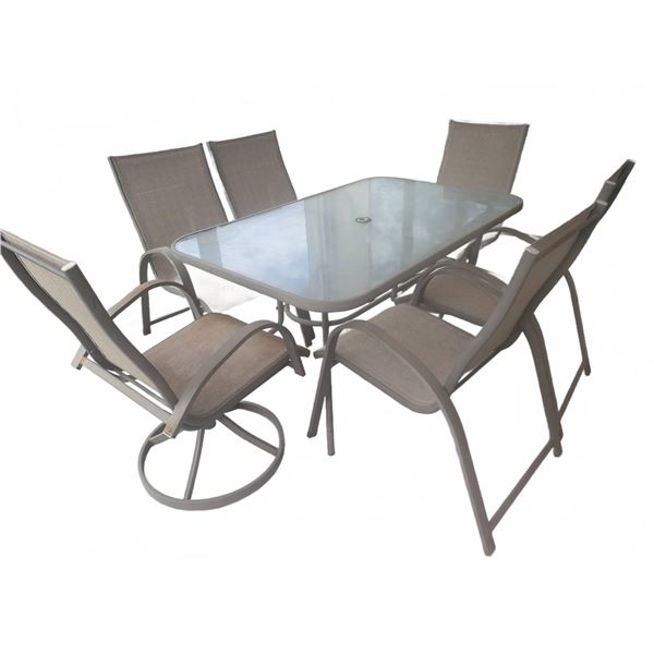 Outdoor Patio Set With Glass Table And Six Mesh Chairs