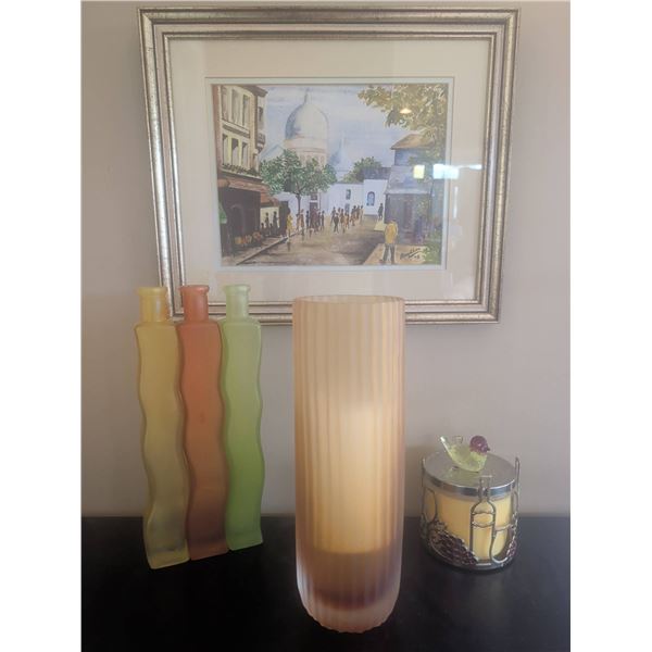 Decorative Lot: Framed Signed Print, Frosted Glassware, Candle Holder, Crystal Bird