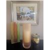 Image 1 : Decorative Lot: Framed Signed Print, Frosted Glassware, Candle Holder, Crystal Bird