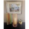 Image 4 : Decorative Lot: Framed Signed Print, Frosted Glassware, Candle Holder, Crystal Bird