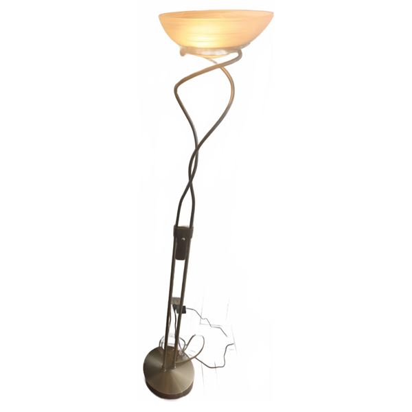 Two-Arm Brushed Metal Torchiere Floor Lamp with Swirl Glass Shade