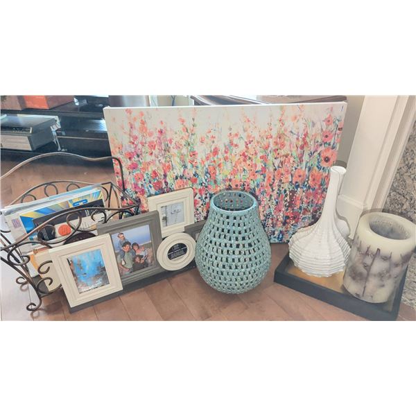 Decor Lot: Woven Vase, Art Print, Frames, Metal Magazine Rack, Candles, Books