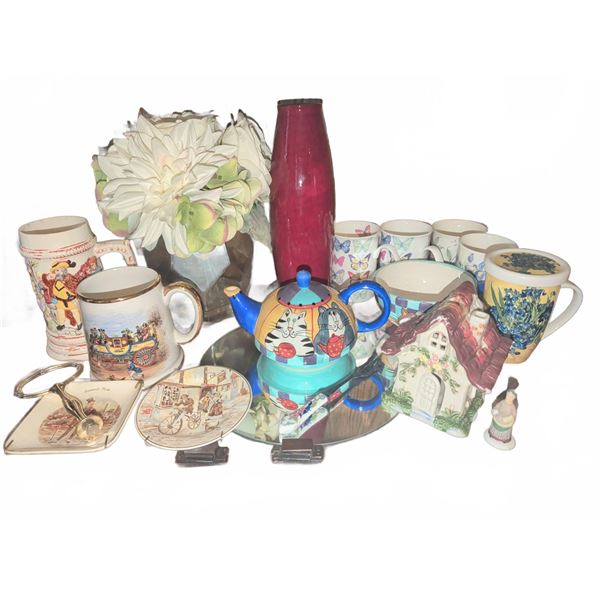 Decorative Mugs, Plates, 'Catzilla' Teapot, Cottage Jar, Vase and Faux Flowers