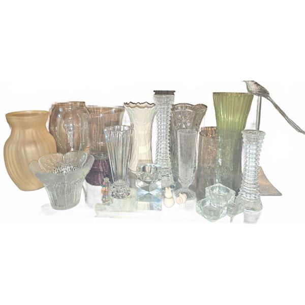 Glass and Ceramic Vases, Metal Bird Figurine, and Decorative Pieces Lot