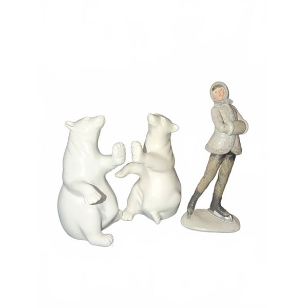 Two White Polar Bear Figurines and Female Ice Skater Figurine Group