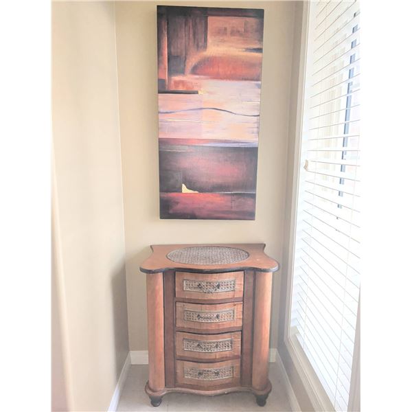 Small Wood Chest of Drawers with Carved Details and Abstract Wall Art
