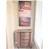 Image 1 : Small Wood Chest of Drawers with Carved Details and Abstract Wall Art