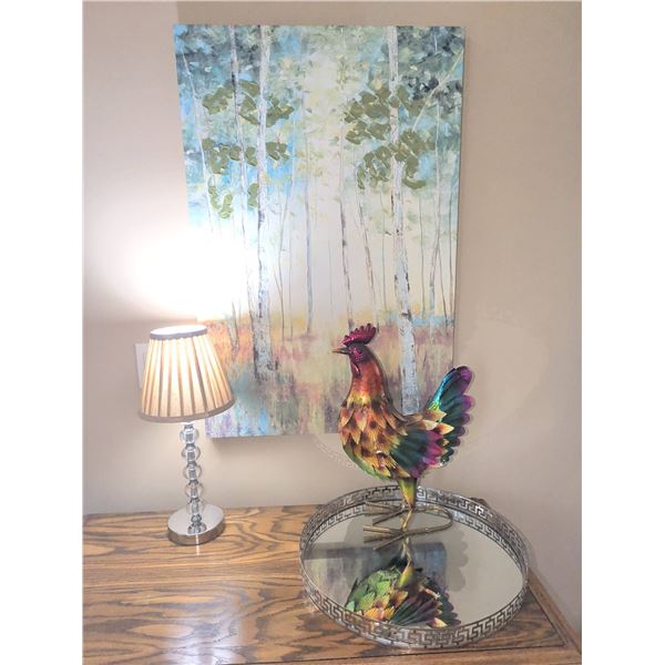 Media Decor Group with Table Lamp, Rooster Figurine, Mirror Tray, Canvas Art
