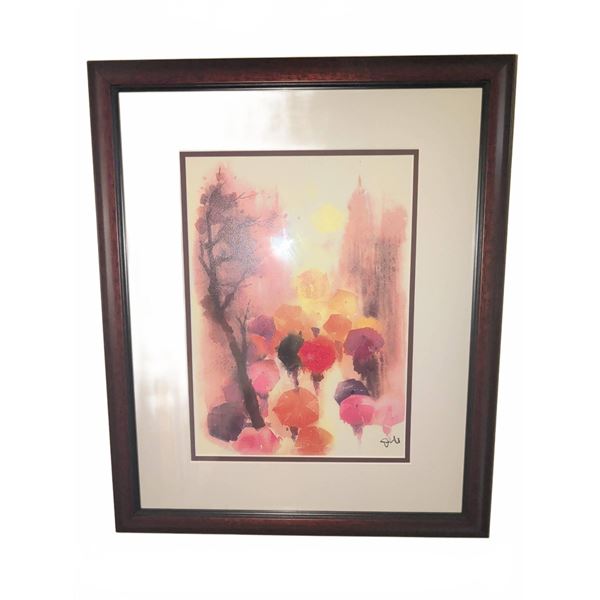 Framed Watercolour Print of Umbrellas in Cityscape, Signed Lower Right