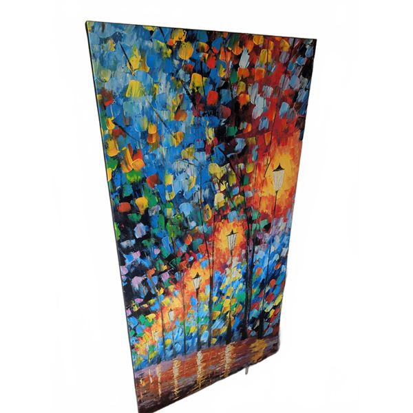 Impasto Oil Painting on Canvas with Colourful Trees and Lamp Posts